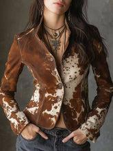 Aurohaya Women’s Short Cow Print Blazer Buttoned Stand Collar Vintage Jacket